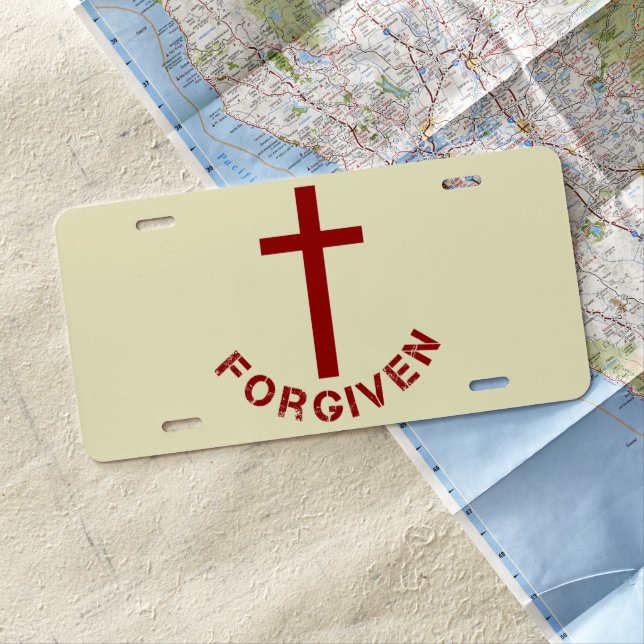 Forgiven Red Cross Christian Faith Typography License Plate (In Situ)