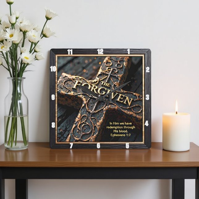 Forgiven The Cross Redemption Ornate Ephesians 1:7 Square Wall Clock (Creator Uploaded)