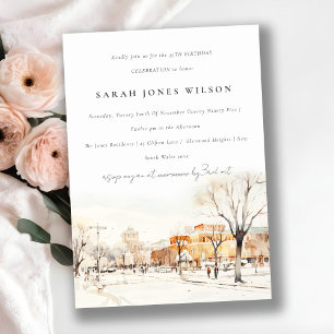 Forgo North Dakota City Scape Watercolor Birthday Invitation