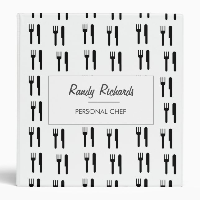 Fork and knife black silhouette pattern white 3 ring binder (Front)