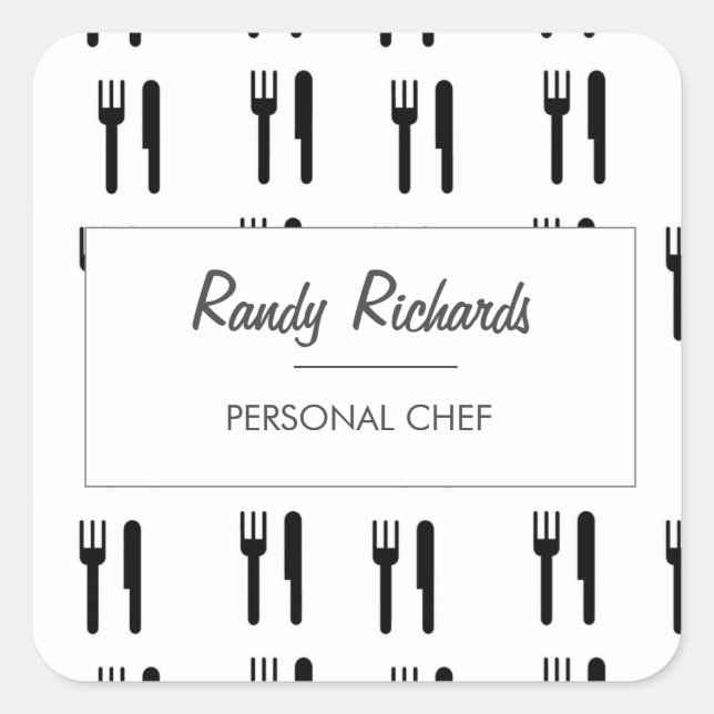 Fork and knife black silhouette pattern white square sticker (Front)