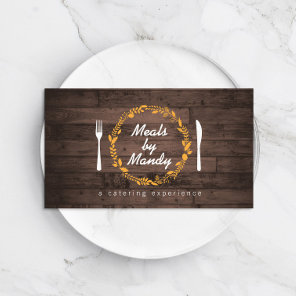 Fork and Knife Wreath on Woodgrain Catering, Chef Business Card