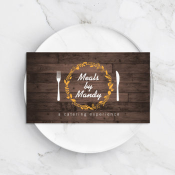 Fork And Knife Wreath On Woodgrain Catering  Chef Business Card by 1201am at Zazzle