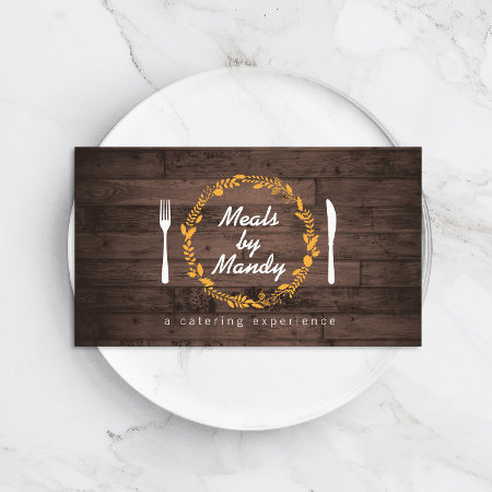 Fork And Knife Wreath On Woodgrain Catering, Chef Business Card