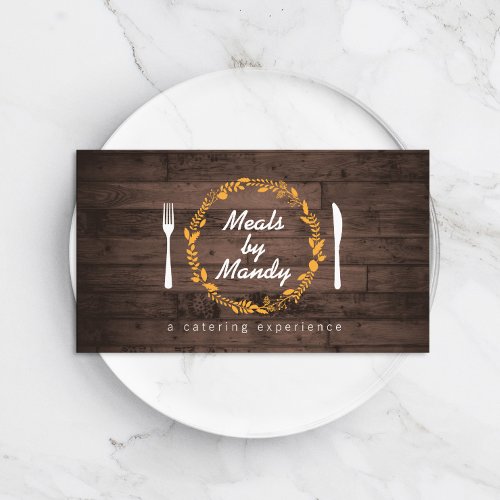 Fork and Knife Wreath on Woodgrain Catering Chef Business Card