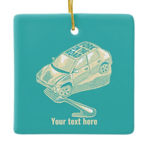 Fork in the road car accident ceramic ornament