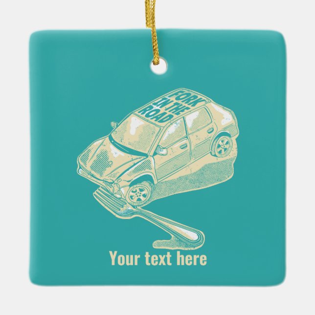 Fork in the road car accident ceramic ornament (Front)