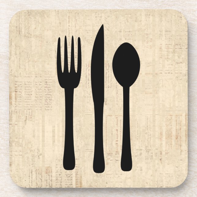 Fork Knife and Spoon Silverware Art Script Style Beverage Coaster (Front)
