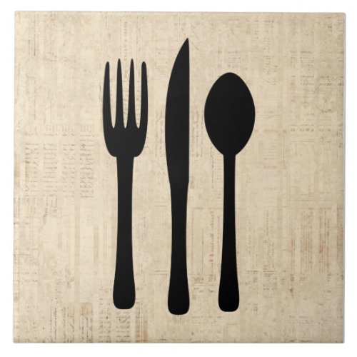 Fork Knife and Spoon Silverware Art Script Style Ceramic Tile