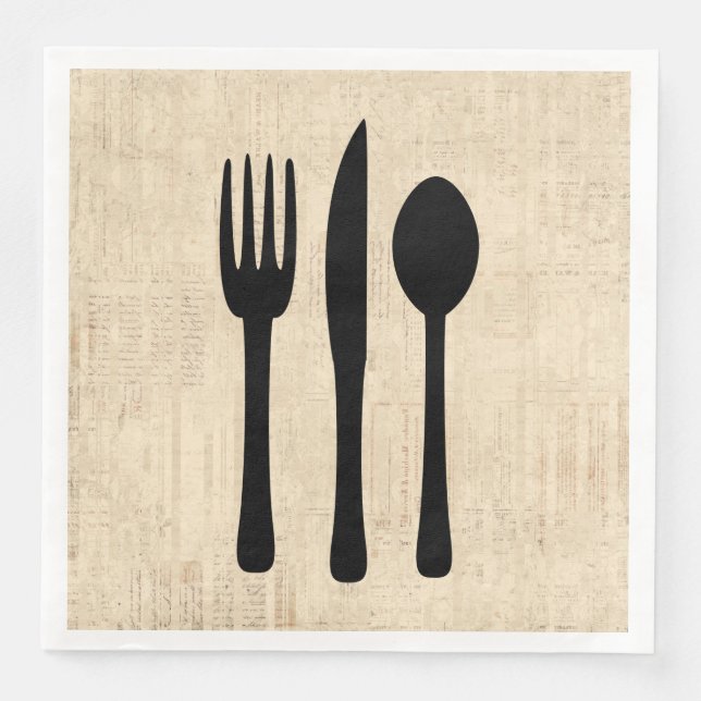 Fork Knife and Spoon Silverware Art Script Style Paper Dinner Napkins (Front)