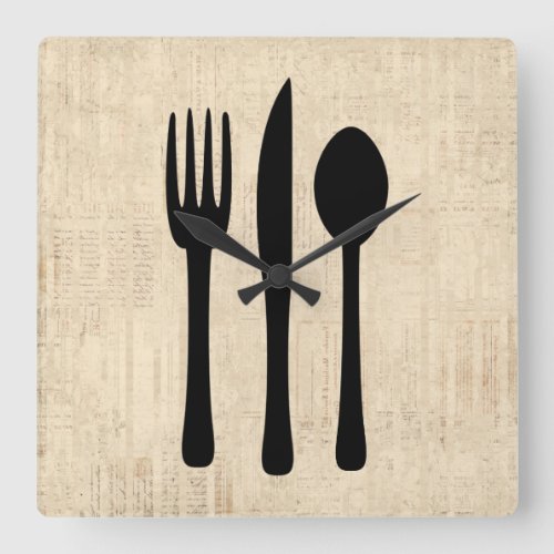 Fork Knife and Spoon Silverware Art Script Style Square Wall Clock