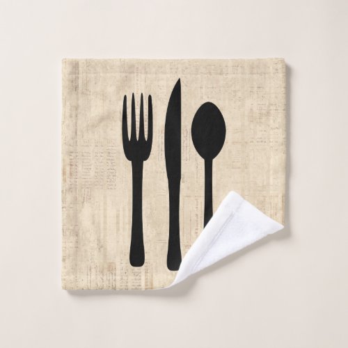 Fork Knife and Spoon Silverware Art Script Style Wash Cloth