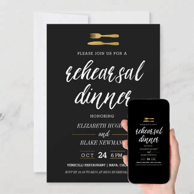 Fork & Knife Faux Foil Rehearsal Dinner Invite Zazzle