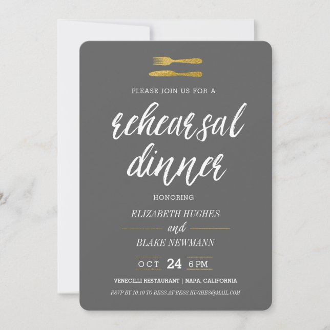 Fork & Knife Faux Foil Rehearsal Dinner Invite (Front)