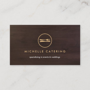 FORK & KNIFE LOGO DESIGN on DARK BROWN WOODGRAIN Business Card
