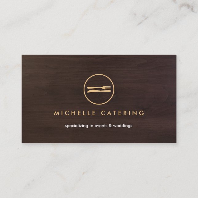FORK & KNIFE LOGO DESIGN on DARK BROWN WOODGRAIN Business Card (Front)