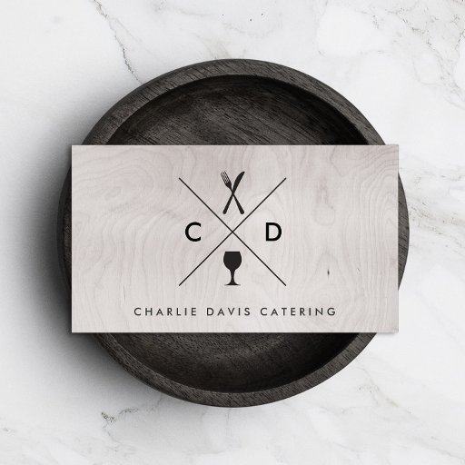 Customizable FORK &amp; KNIFE MONOGRAM on GRAY WOOD BACKGROUND Business Cards