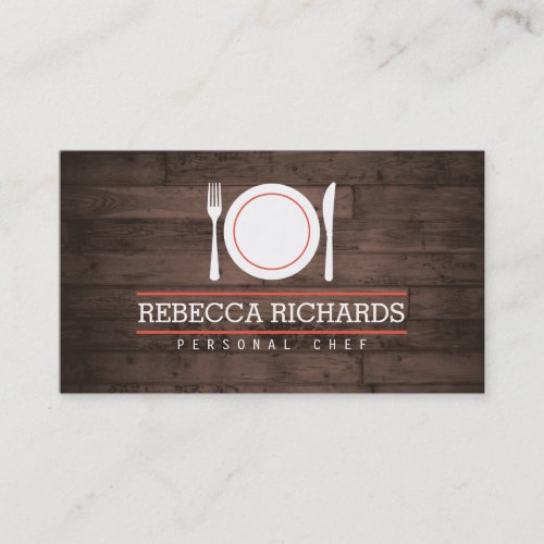 Fork Plate Knife Logo on Rustic Woodgrain Business Card