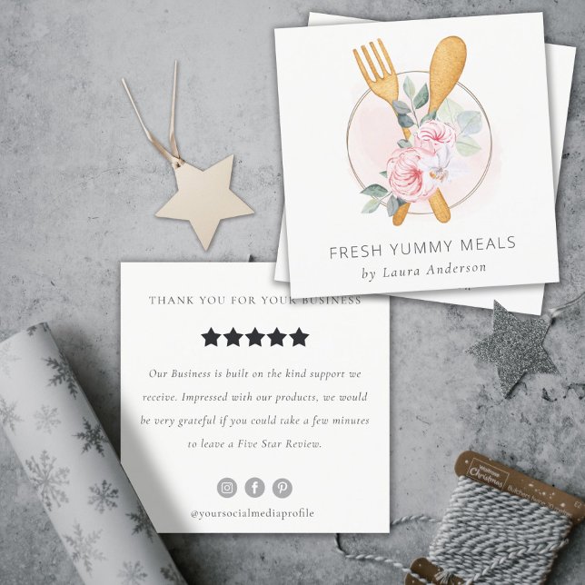 Fork Spoon Blush Pink Floral Chef Review Request Square Business Card (Creator Uploaded)
