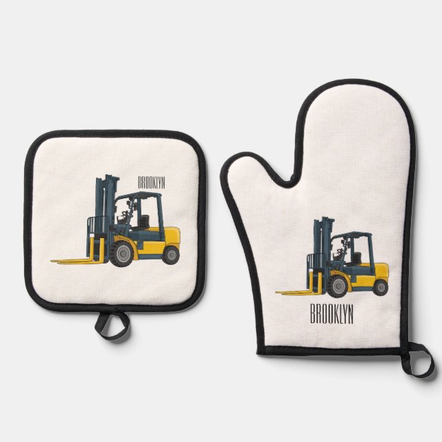 Forklift cartoon illustration oven mitt & pot holder set (Front)
