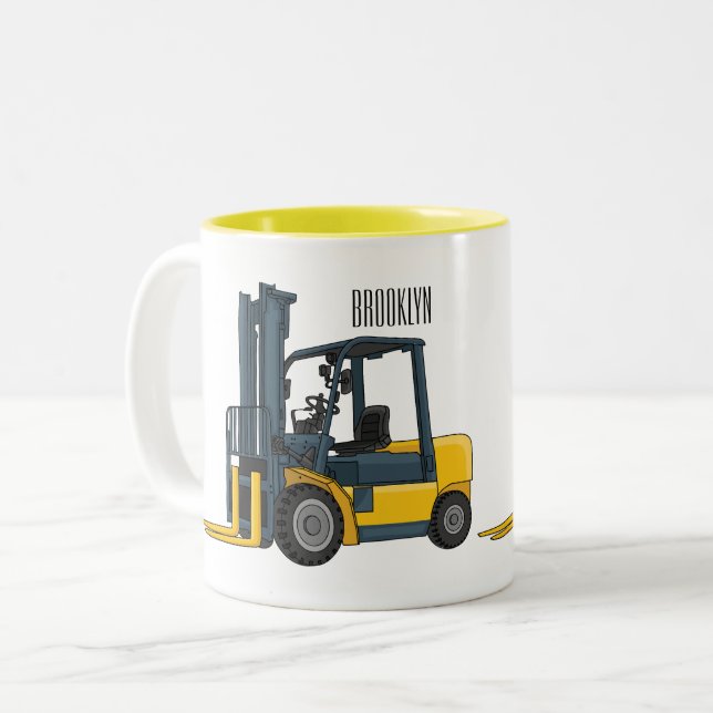 Forklift cartoon illustration Two-Tone coffee mug (Front Left)