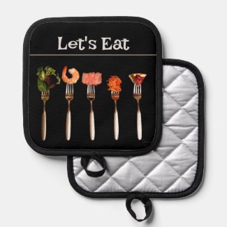 Forks on Black Let's Eat Oven Mitt and Pot Holders