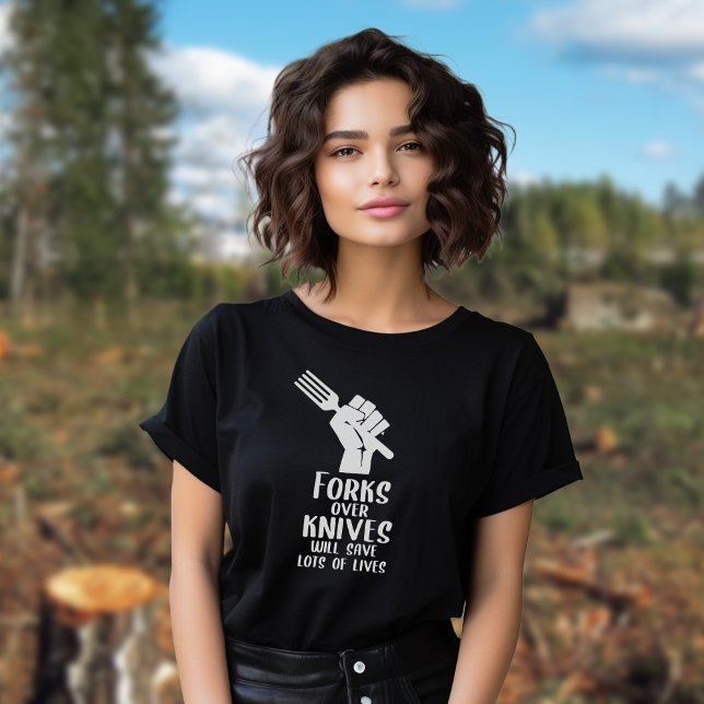 Forks over Knives, Black and White Vegan Activism T-Shirt (Creator Uploaded)