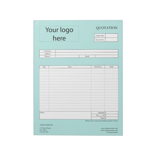 Form Business Quotation, Invoice or Sales Receipt  Notepad (Rotated)