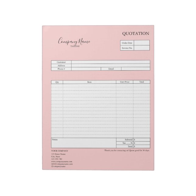 Form Business Quotation, Invoice or Sales Receipt  Notepad (Rotated)