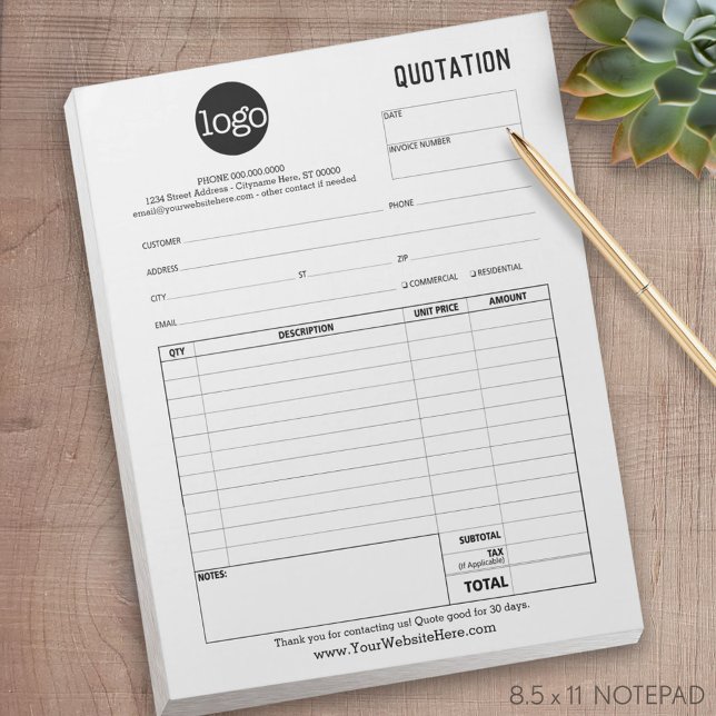 Form Business Quotation, Invoice or Sales Receipt Notepad (custom quotation form with logo)