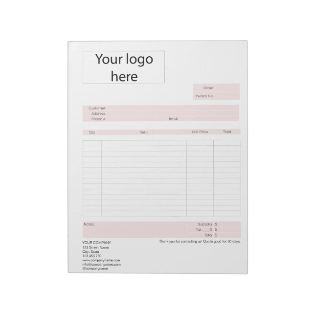 Form Business Quotation, Invoice or Sales Receipt  Notepad (Rotated)