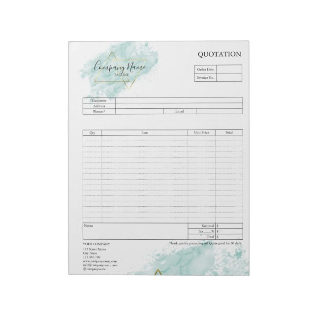 Form Business Quotation, Invoice or Sales Receipt  Notepad (Rotated)