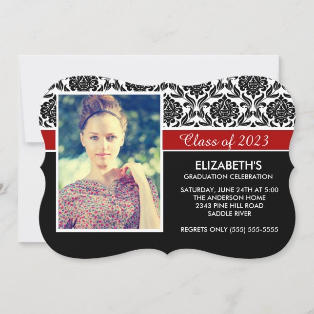 Formal 2014 Black White Damask Photo Graduation Invitation (Front)