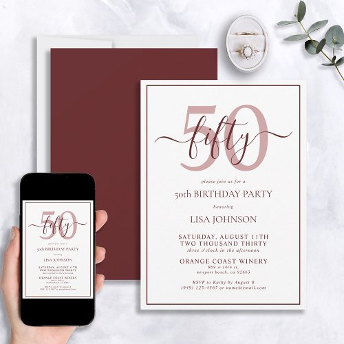 Formal 50th Birthday Burgundy Classic Script Invitation