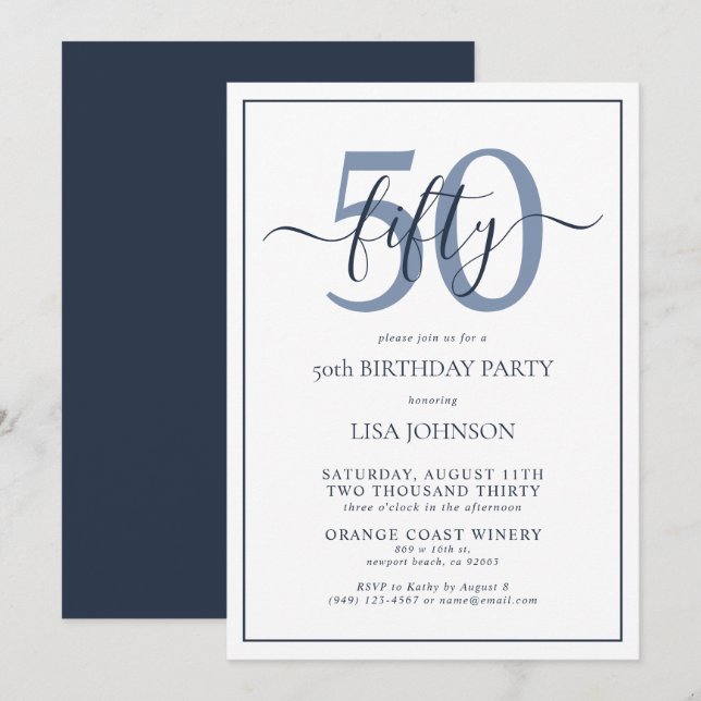 Formal 50th Birthday Navy Blue Classic Script Invitation (Front/Back)