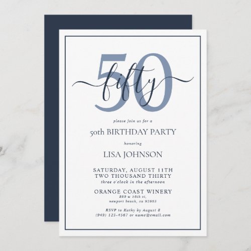 Formal 50th Birthday Navy Blue Classic Script Invitation