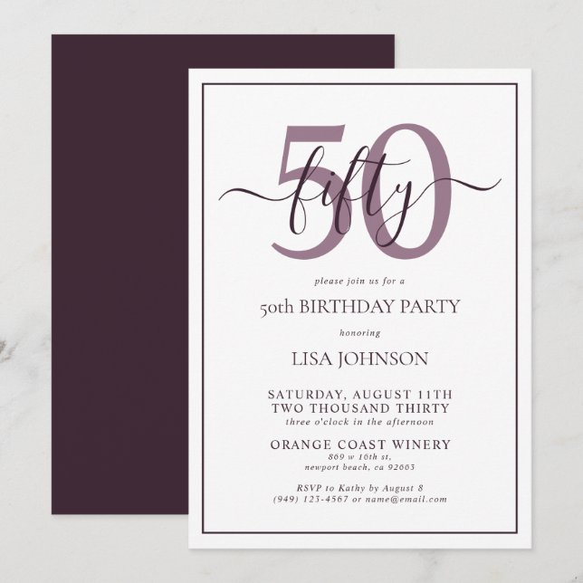 Formal 50th Birthday Plum Purple Classic Script Invitation (Front/Back)