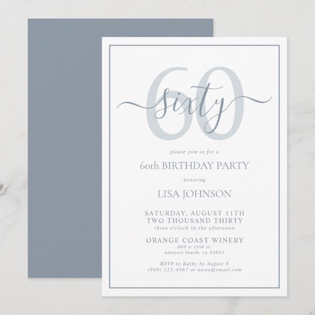 Formal 60th Birthday Dusty Blue Classic Script Invitation (Front/Back)