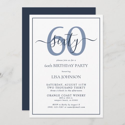 Formal 60th Birthday Navy Blue Classic Script Invitation