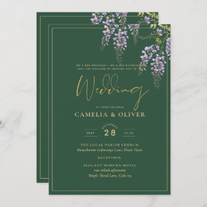 Formal All-in1 WISTERIA Gold Text Green WEDDING Invitation