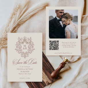 Formal Antique Crest Beige Photo and QR Code Save The Date
