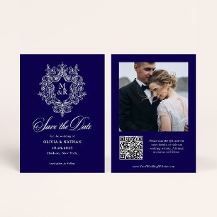 Formal Antique Crest Dark Blue Photo and QR Code Save The Date
