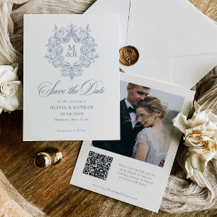 Formal Antique Crest Dusty Blue Photo and QR Code Save The Date