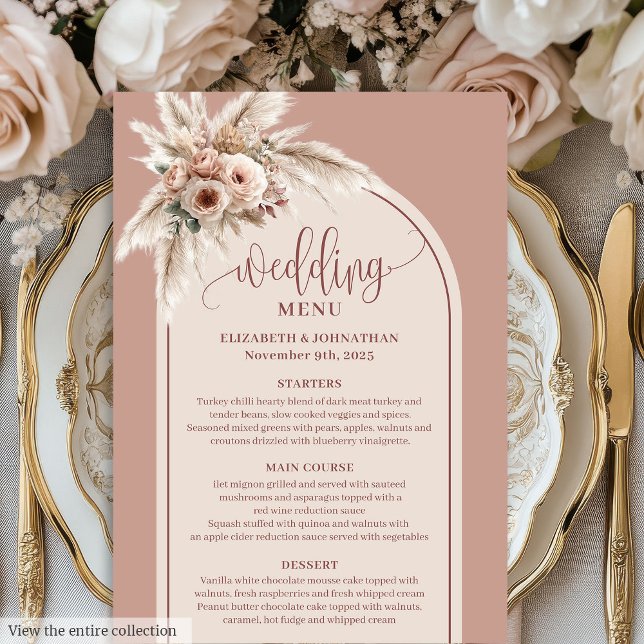 Formal Arch Pastel Pink Pampas Floral Wedding Menu (Formal Arch Pastel Pink Pampas Floral Wedding Menu)