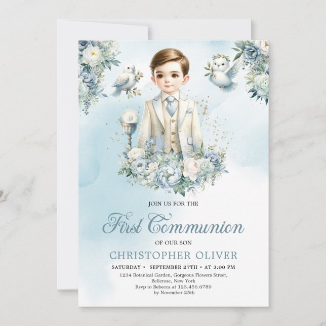Formal attire little boy blue white flowers sage  invitation (Front)