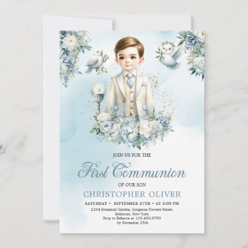 Formal attire little boy blue white flowers sage  invitation