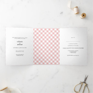 Formal Baby Pink Checkerboard Wedding All In One Tri-Fold Card