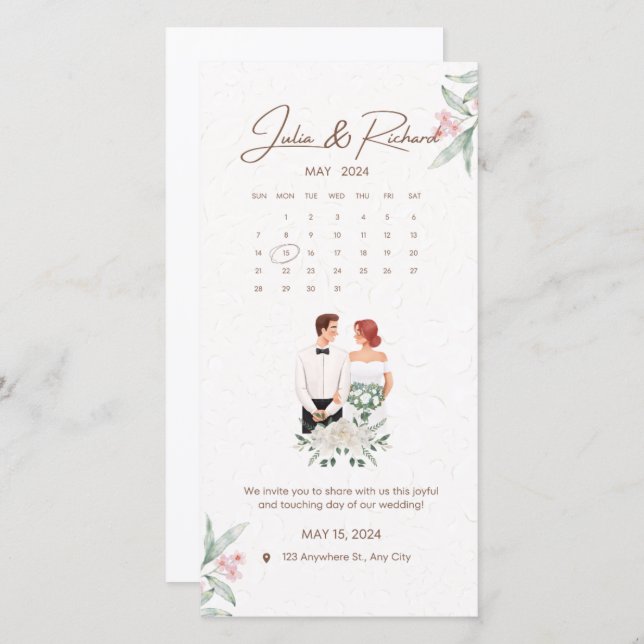 Formal Beige and Green Floral Wedding invitation (Front/Back)