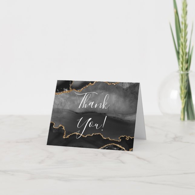 Formal Black Agate Gold Glitter Wedding  Thank You Card (Front)