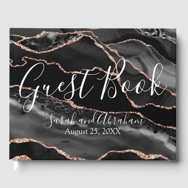 Formal Black Agate Rose Gold Glitter Wedding Guest Book (Front)